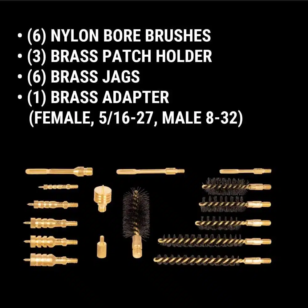 A collection of gun cleaning accessories including nylon bore brushes, brass jags, patch holders, and a brass adapter on a black background.