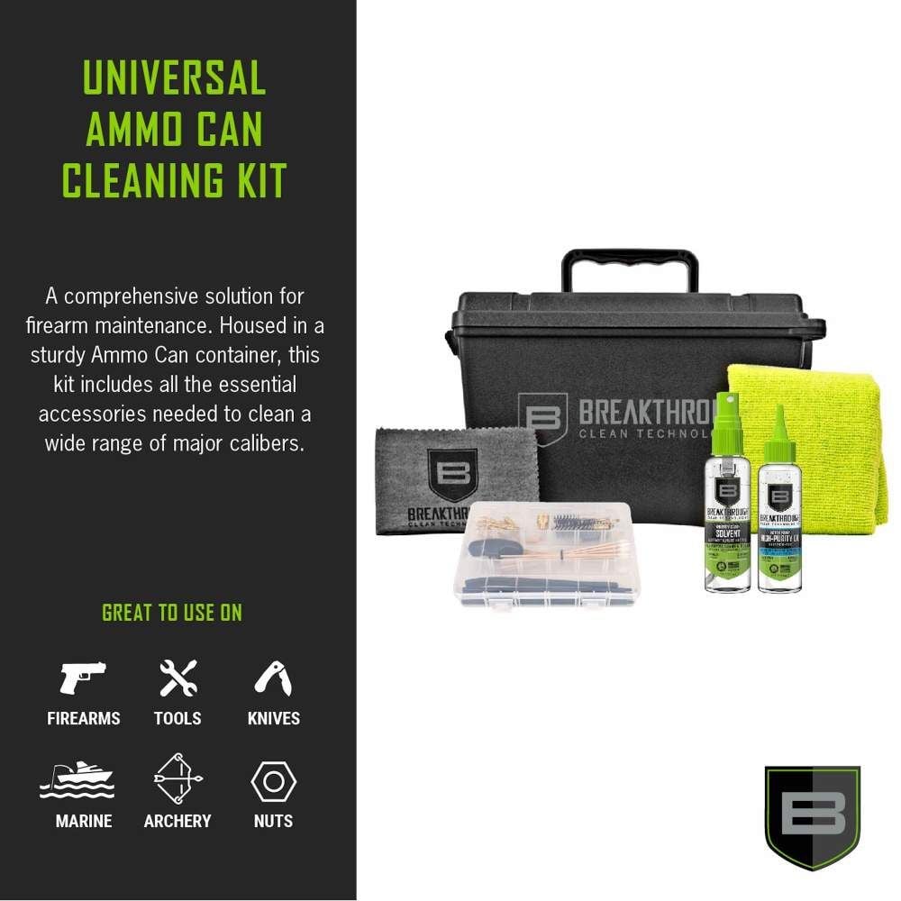 A comprehensive Universal Ammo Can Cleaning Kit for firearms, featuring essential cleaning supplies and a sturdy container.