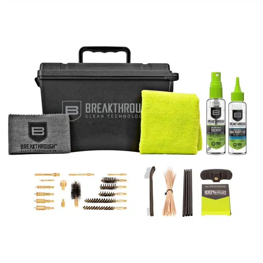 UNIVERSAL AMMO CAN CLEANING KIT - A black cleaning kit from Breakthrough Clean Technologies, featuring spray bottles, brushes, rods, and cleaning tools neatly arranged.