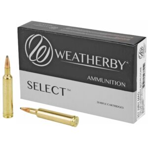 Box of Weatherby Select rifle cartridges with two bullets in front.