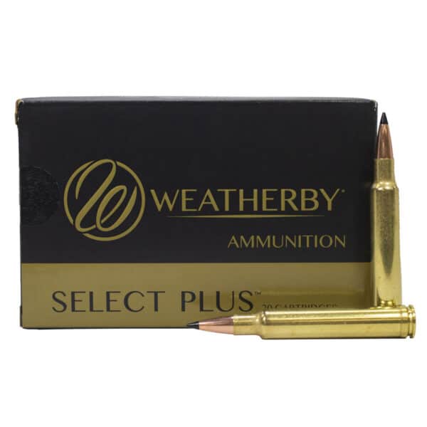 A box of Weatherby Select Plus ammunition with a single cartridge beside it.