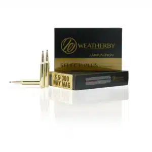 A box of Weatherby Select Plus ammunition, featuring 6.5-300 WBY MAG cartridges and three shiny brass bullets.