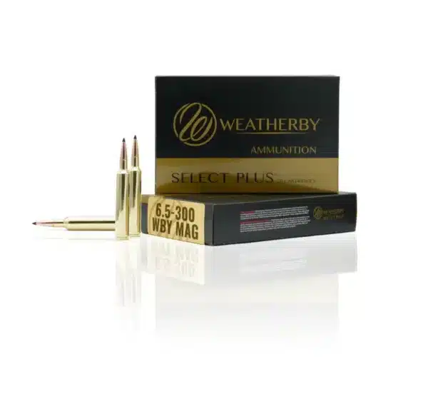 A box of Weatherby Select Plus ammunition, featuring 6.5-300 WBY MAG cartridges and three shiny brass bullets.