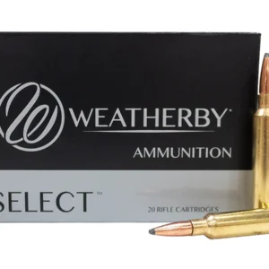 A box of Weatherby Select rifle ammunition with two cartridges in front.