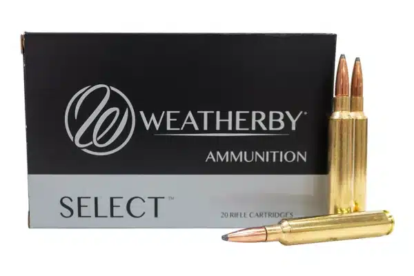 A box of Weatherby Select rifle ammunition with two cartridges in front.