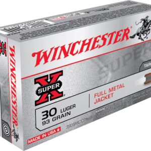 A box of Winchester Super X 30 Luger full metal jacket ammunition.