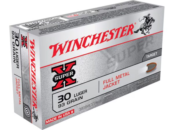 A box of Winchester Super X 30 Luger full metal jacket ammunition.