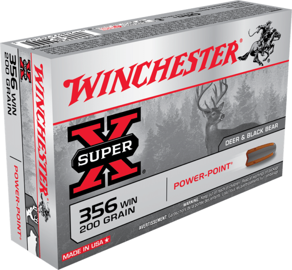 A box of Winchester Super-X, .356 WIN 200 grain ammunition for deer and black bear.