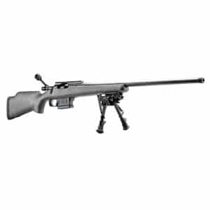 A precision bolt-action rifle with scope and bipod on a white background.