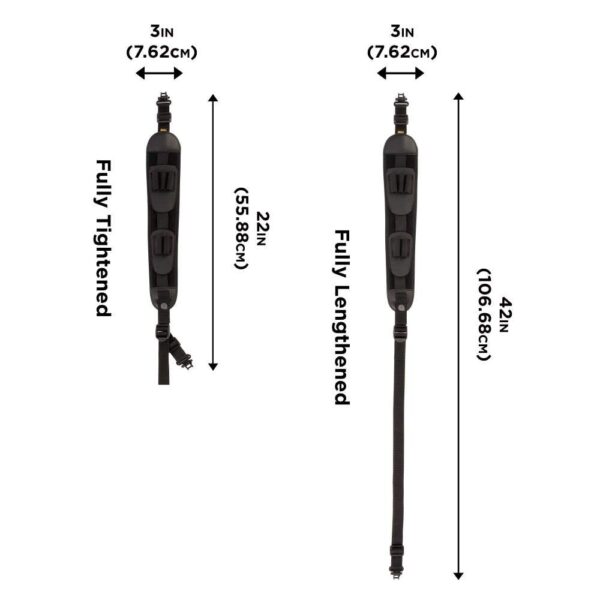 Adjustable black strap shown in two lengths: fully tightened at 22 inches and fully lengthened at 42 inches, with width of 3 inches.