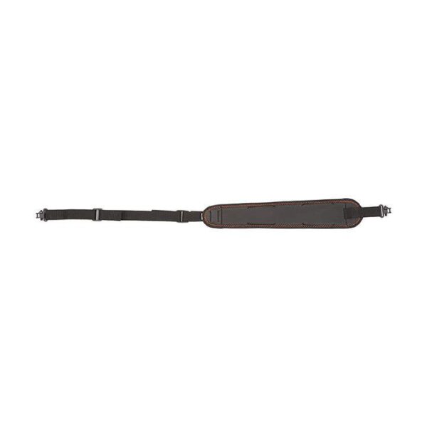 Black gun strap with padded section and adjustable clips for comfort and security. Maintains style while ensuring stability.