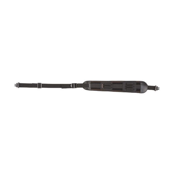 Black gun strap with padded shoulder support and adjustable length, designed for comfort and stability during use with compartments for ammunition.