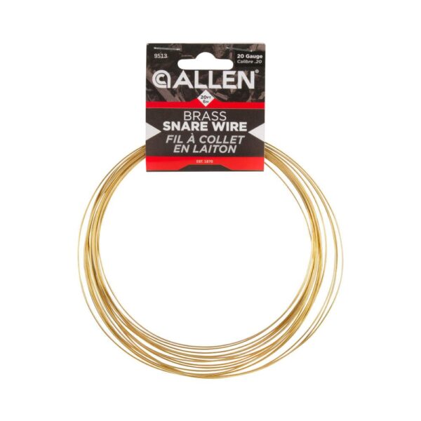 Package of brass snare wire, 20 gauge, with a label indicating brand "Allen" and product details. Ideal for snare drum repairs.