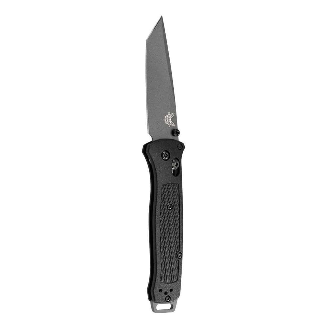 Black Benchmade folding knife with a gray tanto blade, textured handle, and a pocket clip.