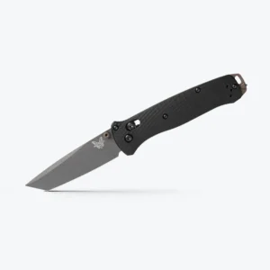 BENCHMADE BAILOUT TANTO - A sleek folding knife with a gray blade and textured black handle, featuring a butterfly logo and a sturdy design for durability.