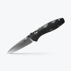 BENCHMADE BARRAGE - A sleek, folding knife with a stainless steel blade and a textured black handle, featuring a butterfly logo near the pivot point.