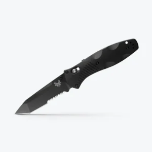 BENCHMADE BARRAGE TANTO BLACK BLADE SERRATED - A sleek black folding knife with a serrated blade and textured grip, showcased against a light background.