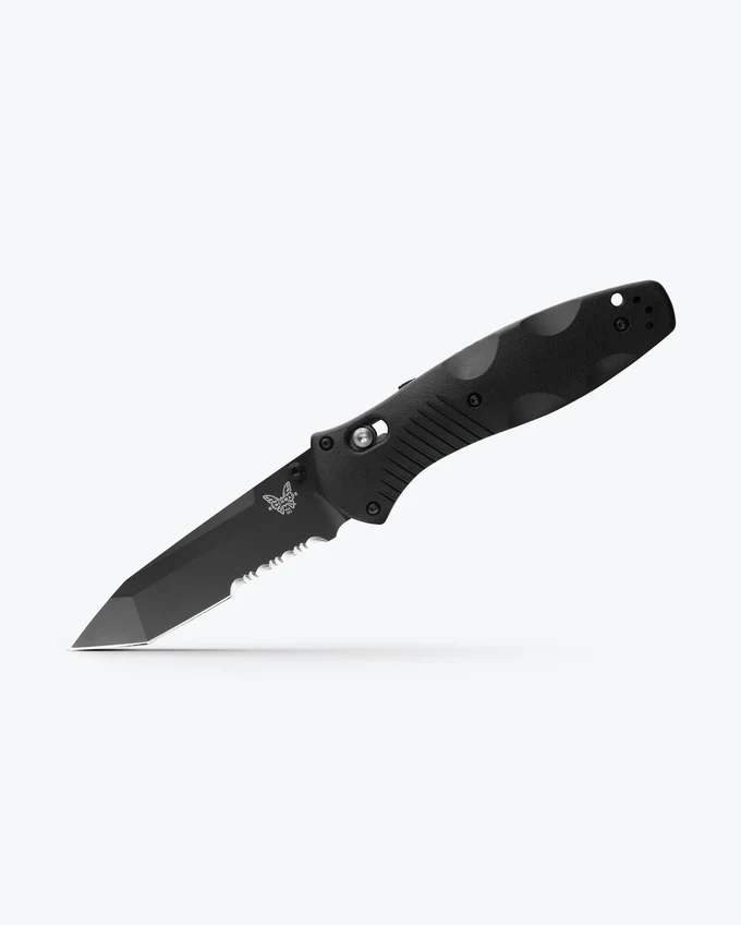 BENCHMADE BARRAGE TANTO BLACK BLADE SERRATED - A sleek black folding knife with a serrated blade and textured grip, showcased against a light background.