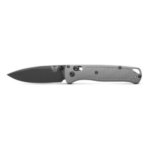 BENCHMADE BUGOUT GRIVORY STORM GREY - Gray and black folding pocket knife, showing a drop point blade, a gray handle with textured grip, and a pivot and locking mechanism.