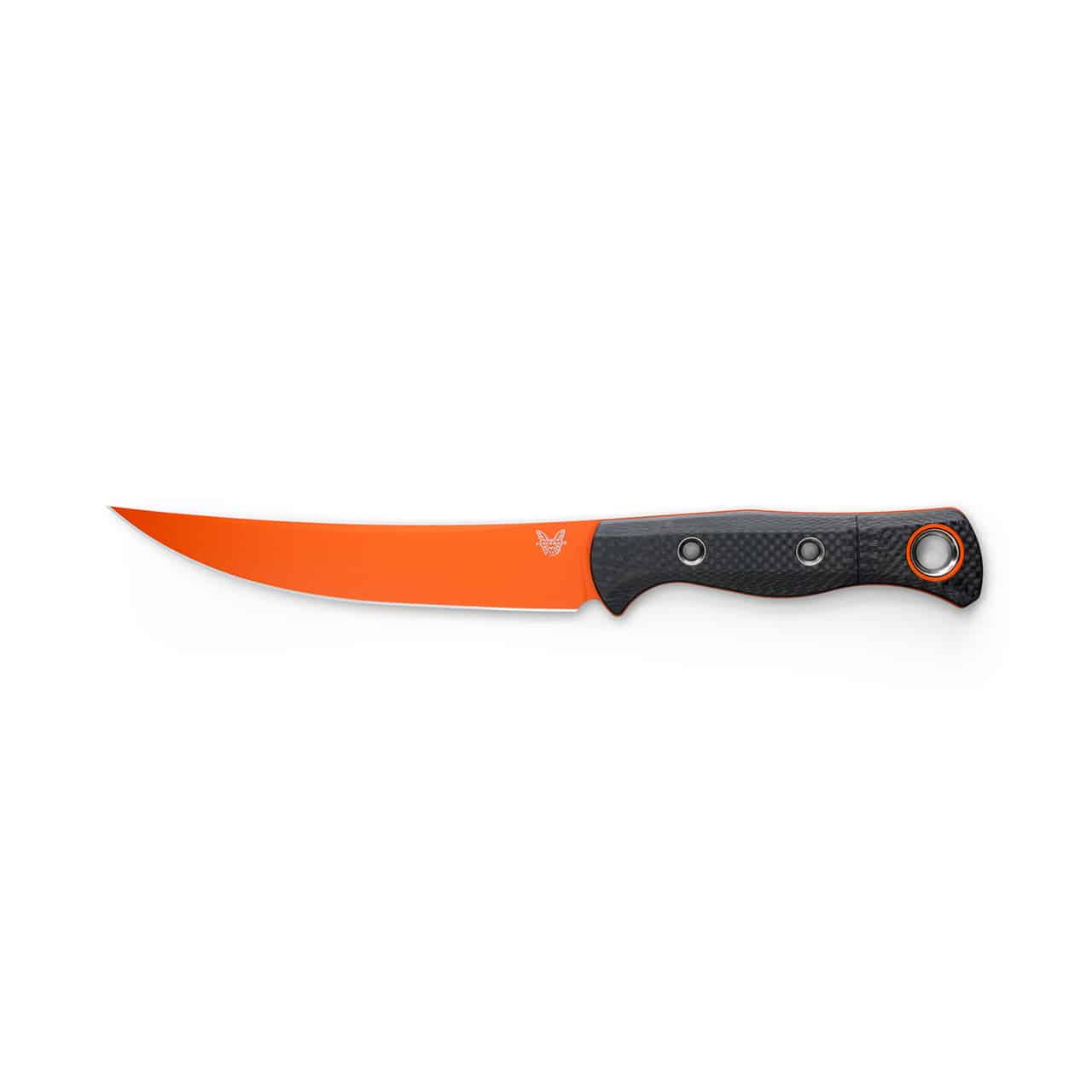 Orange and black Benchmade fixed blade fillet knife, with a curved blade, carbon fiber handle, and eyelet for a lanyard.