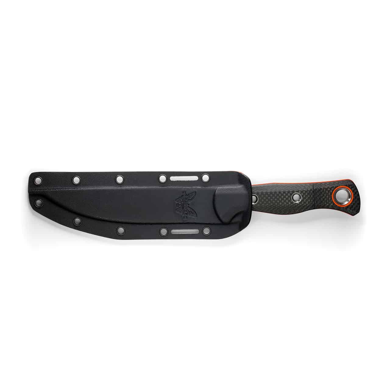 Black Benchmade fixed-blade knife in its black sheath, positioned horizontally against a white background. The knife handle features a carbon fiber texture with orange accents and an orange ring at the pommel. The sheath has eyelets, a Benchmade logo, and fits the knife blade snugly.
