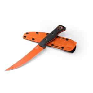 BENCHMADE MEATCRAFTER CARBON FIBER - Orange and black fixed blade knife with sheath, carbon fiber handle, and long, straight blade, resting on a white background.