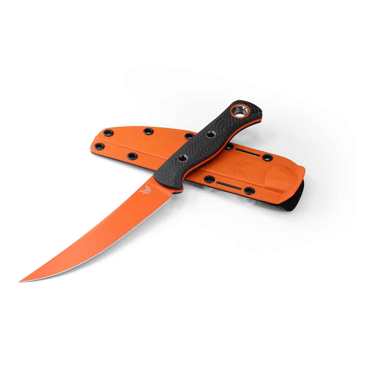 BENCHMADE MEATCRAFTER CARBON FIBER - Orange and black fixed blade knife with sheath, carbon fiber handle, and long, straight blade, resting on a white background.