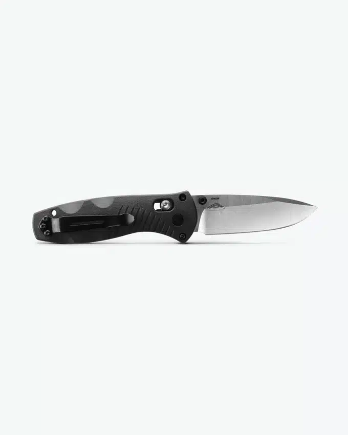 A sleek, folding pocket knife with a stainless steel blade and textured black handle, designed for durability and ease of use.