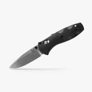 BENCHMADE MINI BARRAGE - A sleek folding knife with a steel blade and textured black handle, featuring a butterfly logo and ergonomic grip design.