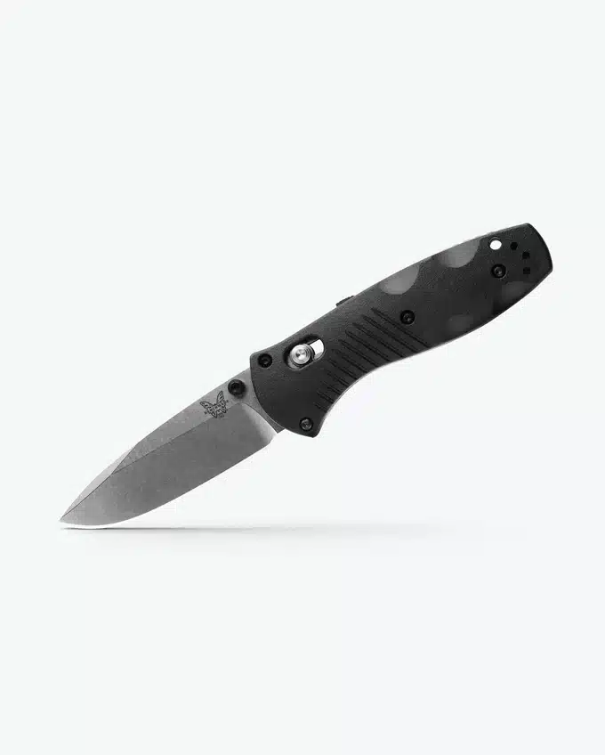 BENCHMADE MINI BARRAGE - A sleek folding knife with a steel blade and textured black handle, featuring a butterfly logo and ergonomic grip design.