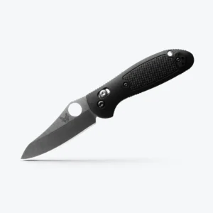 BENCHMADE MINI GRIPTILIAN - A sharp black folding knife with a textured grip, featuring a sleek blade and a logo on the handle, displayed against a light background.