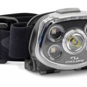CYCLOPS FORCE XP 350 LUMEN HEADLAMP - Black headlamp with a clear plastic lens housing four smaller LED lights surrounding one central, larger LED, the brand "CYCLOPS" is visible at the bottom of the lens housing, attached to an adjustable black elastic head strap.