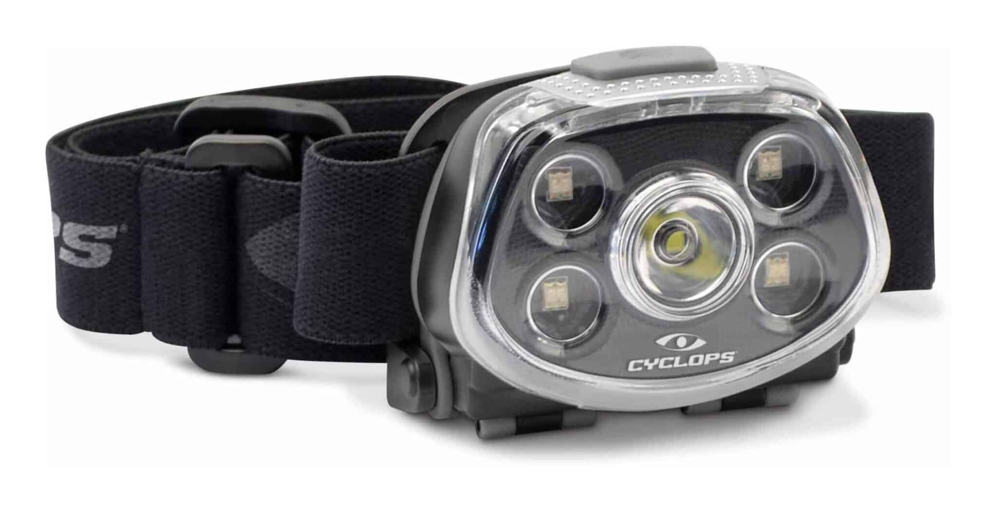 CYCLOPS FORCE XP 350 LUMEN HEADLAMP - Black headlamp with a clear plastic lens housing four smaller LED lights surrounding one central, larger LED, the brand "CYCLOPS" is visible at the bottom of the lens housing, attached to an adjustable black elastic head strap.