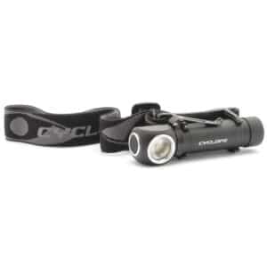 CYCLOPS HADES 1000 LUMEN RECHARGEABLE HEADLAMP - Black "Cyclops" brand LED headlamp, featuring a circular light source and a head strap with the brand name printed on it, placed on a white background.