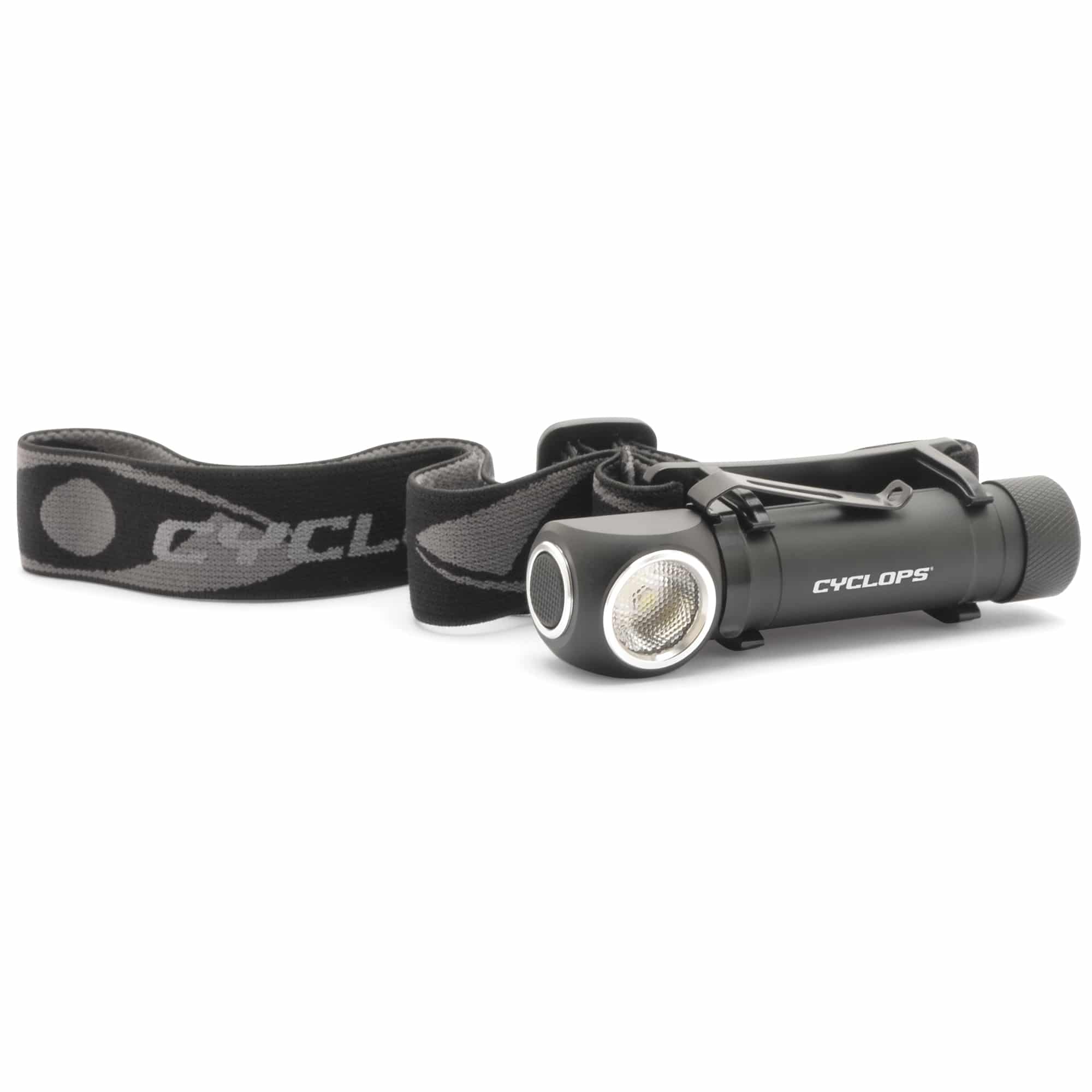 CYCLOPS HADES 1000 LUMEN RECHARGEABLE HEADLAMP - Black "Cyclops" brand LED headlamp, featuring a circular light source and a head strap with the brand name printed on it, placed on a white background.