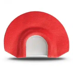 Red semi-circular object with a white interior on a white background.