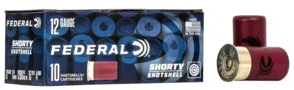 Box of Federal 12 gauge shorty shotgun shells with two shells displayed outside the box.