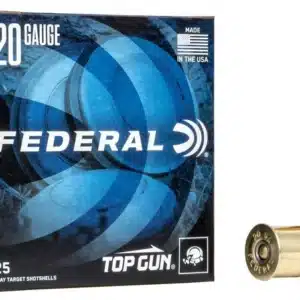 Box of Federal Top Gun 20 gauge clay target shotgun shells and two individual shells beside it.