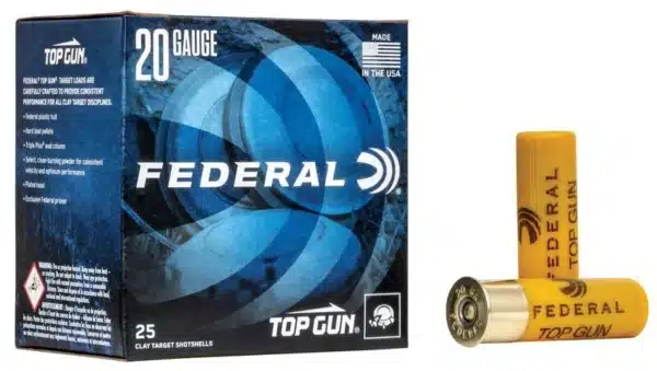 Box of Federal Top Gun 20 gauge clay target shotgun shells and two individual shells beside it.