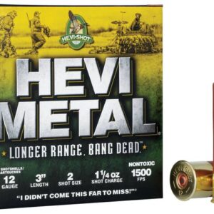 A box of HEVI-Metal shotgun shells with one shell standing beside it.