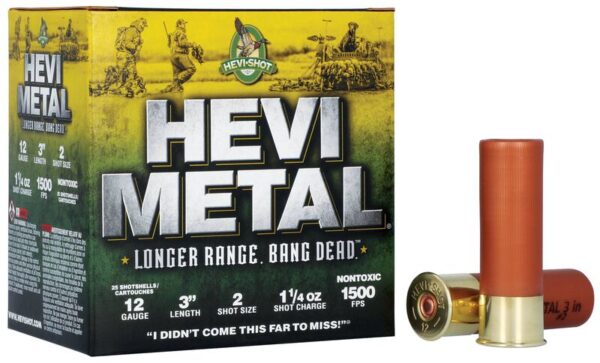 A box of HEVI-Metal shotgun shells with one shell standing beside it.