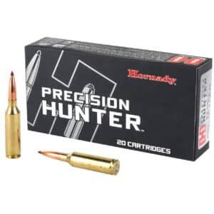 Box of Hornady Precision Hunter 6.5PRC 143GR ELD-X cartridges with two bullets displayed in front.