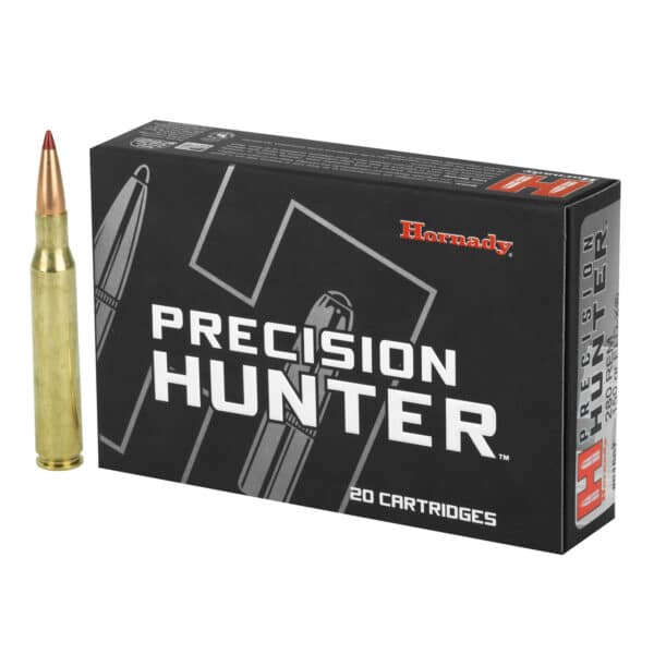 A box of Hornady Precision Hunter 280 REM 150GR ELD-X cartridges next to a single bullet.