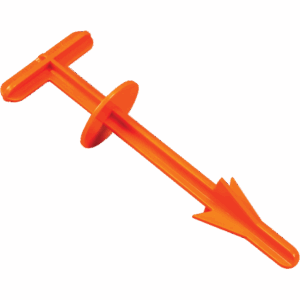HUNTERS SPECIALTIES BUTT OUT II - Orange plastic anal canal removal tool with a T-shaped handle, a circular stopper in the middle, and a pointed, bladed end.