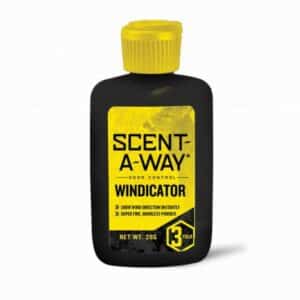 HUNTERS SPECIALTIESWINDICATOR - 28 GRAM - Black bottle of "Scent-A-Way Windicator" odor control powder with a yellow label and cap.