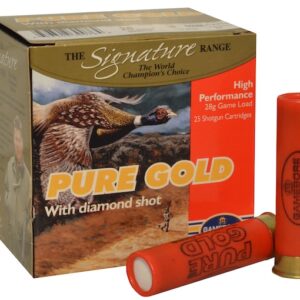 A box of "Pure Gold" shotgun cartridges next to two red shotgun shells.