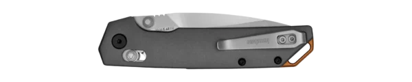 The image shows a closed folding knife viewed from directly above, emphasizing its sleek design. The handle is matte black with ergonomic contours, housing a pivot screw and a recessed button for the locking mechanism. The stainless steel blade is visibly curved at the top edge, with a flat grind and stamped model number on the blade's spine. A metallic pocket clip is attached to the handle's side, adding functionality for easy attachment to a pocket.