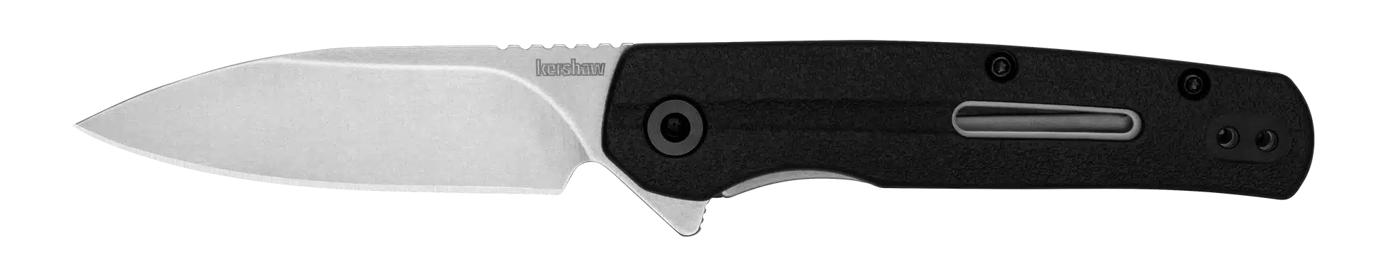 The image features a closed folding knife displaying a gray handle with a textured surface for enhanced grip. The blade, made of a dark material, is partially visible at the top, while a black metal clip is mounted on the right side of the handle, allowing for secure carrying. The knife's mechanism includes a visible lock and adjustable screws. The overall composition is minimalistic, emphasizing the knife's design and functionality against a white background.