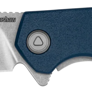 The image shows a folding knife positioned horizontally. The blade, made of stainless steel, has a slight curve and a polished finish. The handle is predominantly blue with a textured surface and a circular opening mechanism, which is prominently displayed near the middle. The handle also has three visible screws, indicating its construction method. The background is white, emphasizing the knife's design.