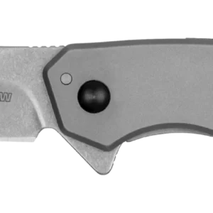 A sleek, silver Kershaw folding knife with a textured blade and a modern handle featuring black accents and ergonomic design.